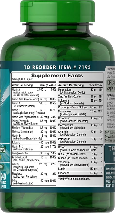 Puritan's Pride ABC Plus Senior Multivitamin Multi-mineral Caplets 240 Count