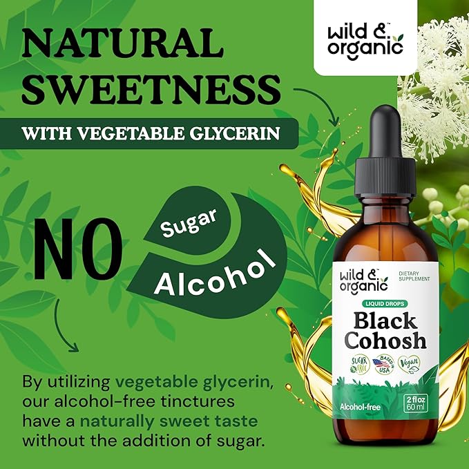Wild &amp Organic Black Cohosh Supplements Women - Menopause &amp Perimenopause Support - 540 mg Natural Black Cohosh Tincture - Add to Tea Liquid Drops - 2-Month Supply - Vegan Sugar &amp Alcohol