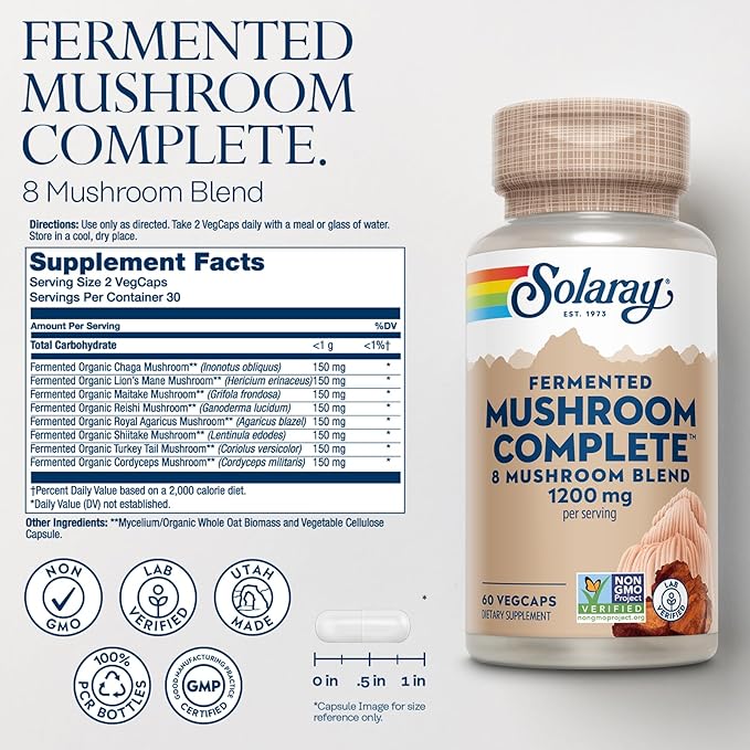 SOLARAY Fermented Mushroom Complete - Organic Chaga Reishi Shiitake Cordyceps Turkey Tail Mushroom and Lions Mane Supplement Capsules - 8 Mushroom Supplement - Non-GMO 30 Servings 60 VegCaps