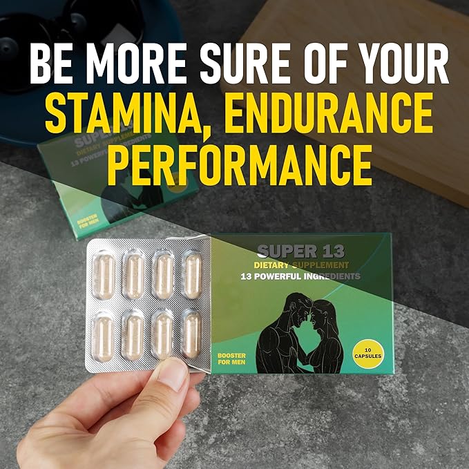 Super 13 Fast Acting Herbal Male Supplement for Men. 13 Potent Ingredients - Horny Goat Weed Tongkat Ali Maca &amp More for Energy Vitality Stamina Endurance and Performance Enhancer Pills 10 Caps