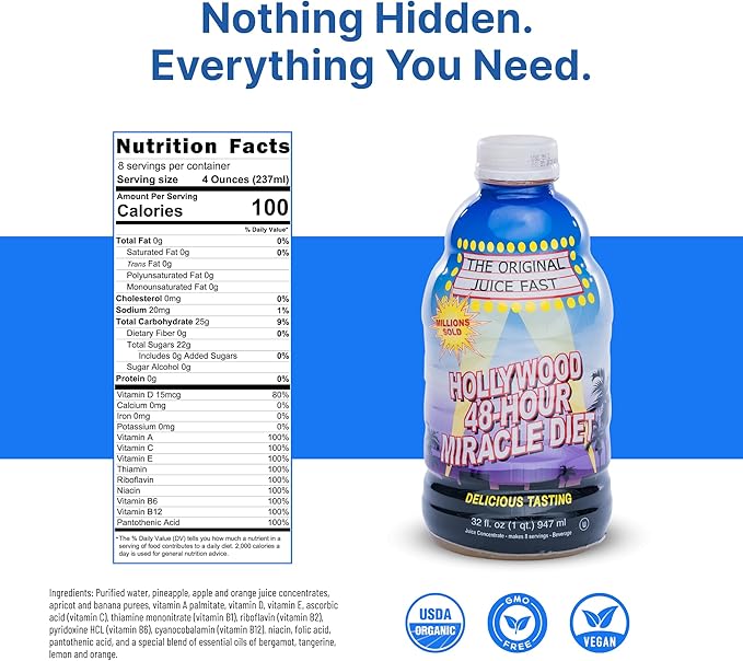Hollywood diet - 48-Hour Miracle Fruit Juice Cleanse Diet 4-Pack Detox Cleanse for Weight Loss &amp Rejuvenation Food Replacement Fast Acting Diet Delicious &amp Tasty Formula 32 Fl. Oz.
