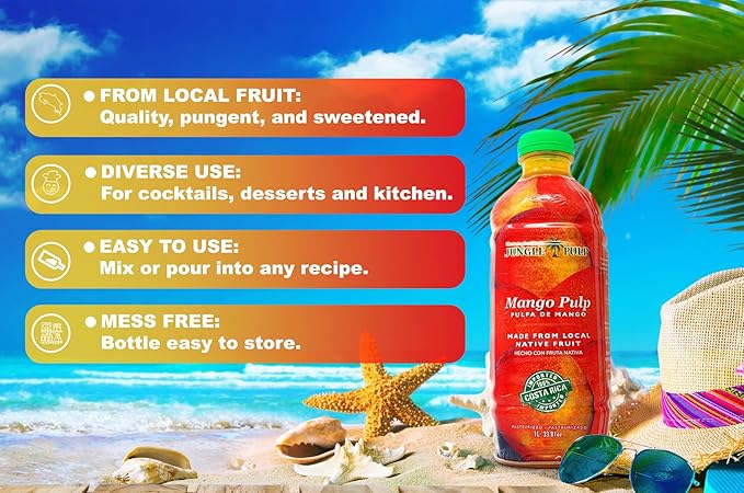 Jungle Pulp Mango Puree Costa Rica Blend for Cocktails Baking and Desserts -Never canned - Mix or pour into Smoothies Daiquiri Margaritas Ice Tea and Cakes- 1 Liter