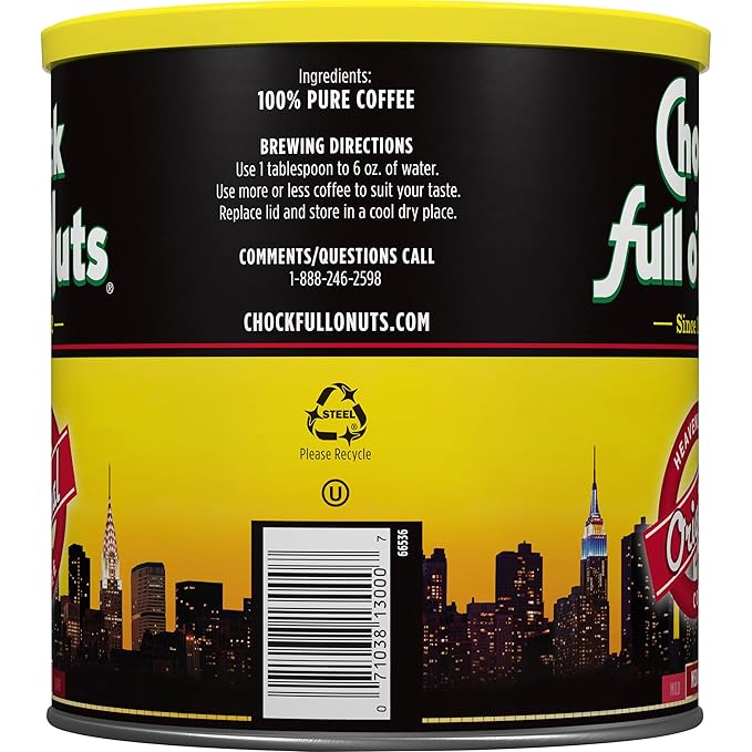 Chock Full o' Nuts Heavenly Original Ground Coffee – Premium Beans in Recyclable Steel Can – Rich Flavor &amp Aroma Medium Roast – Perfect for Drip Pour-Over Percolator – 30.5 Oz Can Pack of 6