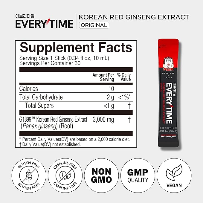 JUNG KWAN JANG Everytime Korean Red Ginseng Extract Stick 3000mg Original - Adaptogen Energy Drink Liquid Stick Supplements - Energy Boost &amp Immune Support Caffeine Free (30 Sticks)