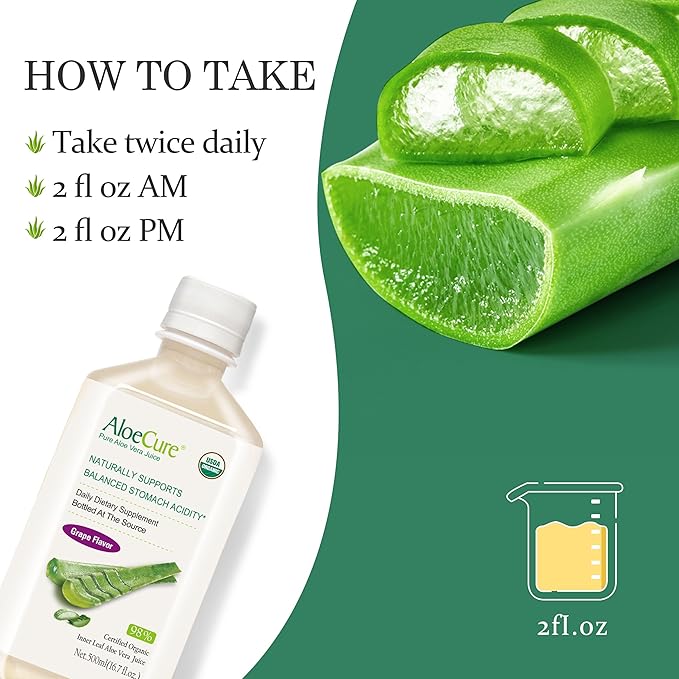 AloeCure USDA Organic Aloe Vera Juice Grape Flavor Made Within 12 Hours of Harvest - Pure Aloe Vera Digestive &amp Immune Health Supplement Helps Maintain Balanced Stomach Acidity 16.7oz x 6 Btls