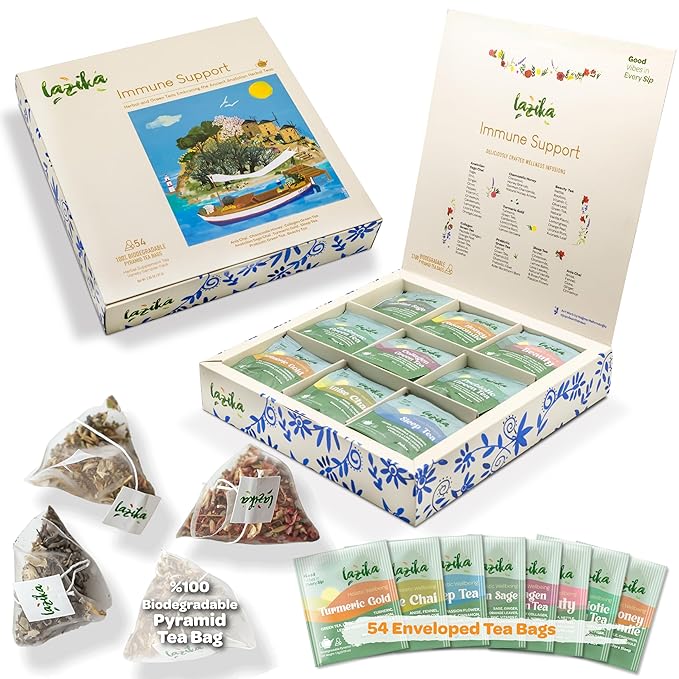 Lazika Herbal Tea Variety Pack with Lovely Presentation Box 54 Counts Immune Support Tea Assortment Gift Set Premium Collection with Pyramid Infuser Bag Handcrafted