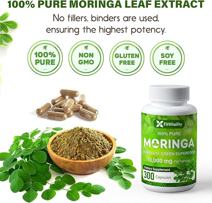 Moringa Capsules| 300 Capsules| Moringa Oleifera| 10000mg| 100% Pure &amp Natural| Non-GMO and Gluten Free Supplement | Complete Green Superfood | Moringa Leaf Extract Powder