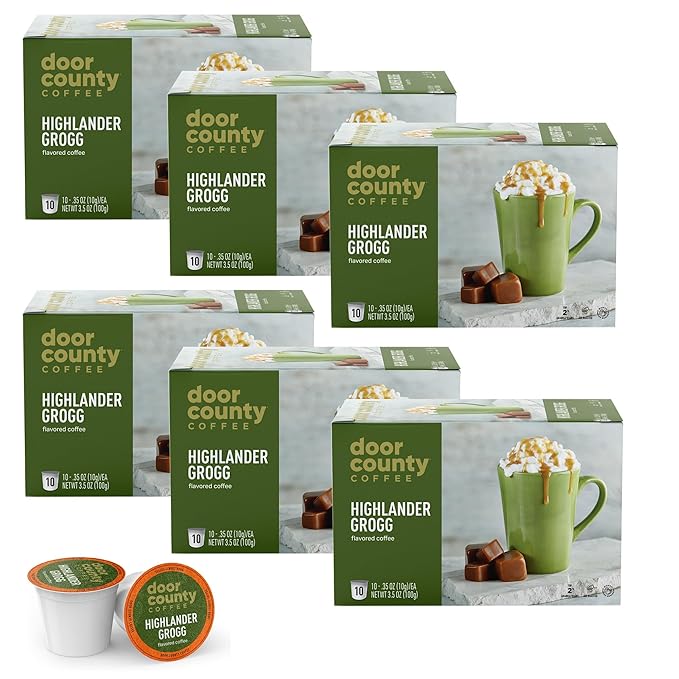 Door County Coffee Highlander Grogg Flavored Ground - 60 Count Single Serve Cups - Medium Roast - 100% Specialty Arabica - Flavored Gourmet - Caramel &amp Irish Cream