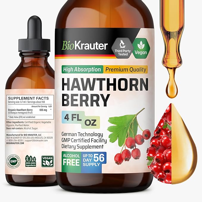 BIO KRAUTER® Hawthorn Berry - Pure Vegan Hawthorne Berry Supplement - Used for Overall Support &amp Daily Wellness - Liquid Drops 655 mg per Serving - Alcohol &amp Sugar Free 4 Fl.Oz 56 Days of Sup