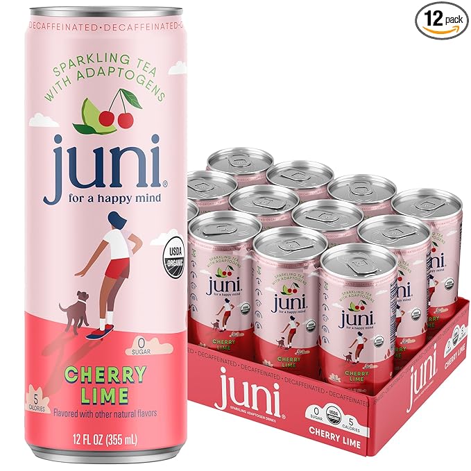 Juni Sparkling Adaptogen Drink with Ashwagandha Lion’s Mane &amp Reishi Mushrooms | Green Tea for Focus Zero Sugar 5 Calories | Decaffeinated Non Alcoholic Drinks - Cherry Lime 12 pack