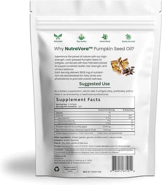 Pumpkin Seed Oil with Saw Palmetto Capsules – Men’s Prostate Hair &amp Hormone Support Supplement – 3000 mg High Potency Cold-Pressed Formula – Non-GMO Gluten-Free Lab Tested – 300 Softgels