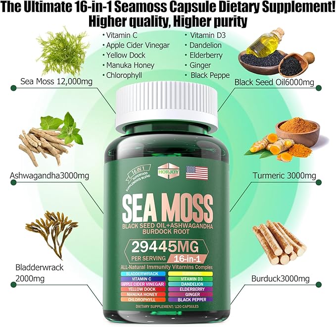 Sea Moss 12000mg Black Seed Oil 6000mg Ashwagandha 3000mg Turmeric 1000mg Bladderwrack 2000mg Burdock 3000mg &amp Vitamin C &amp D3 with Elderberry Manuka Dandelion Yellow Dock Iodine Chlorophyll AC