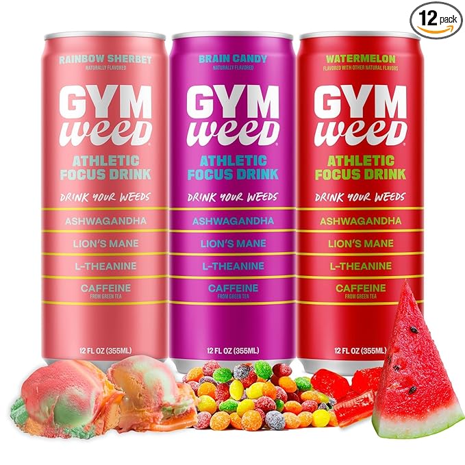 GYM WEED Athletic Focus Drink with KSM-66 Ashwagandha Lion's Mane Mushroom L-Theanine 200mg Green Tea Caffeine with Natural Sweeteners Sour and Sweet Variety of Flavors 12 Pack