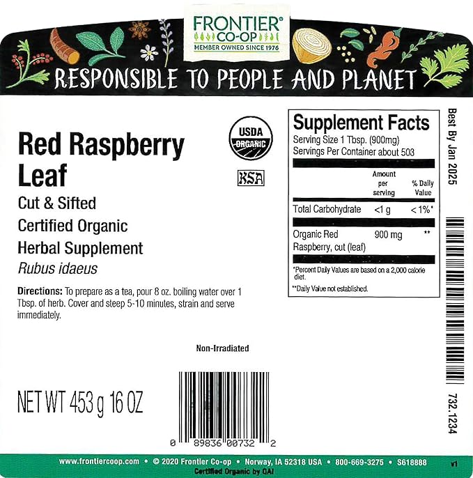 Frontier Bulk Red Raspberry Leaf Cut and Sifted Organic 1 lb. Package - 2pc