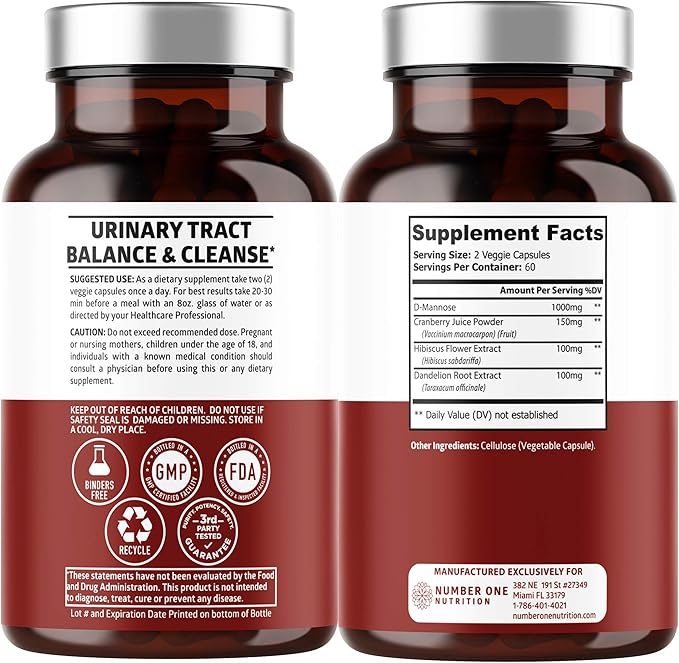 Number One Nutrition Premium D Mannose Supplement for Women and Men [Max Strength 1350MG] Natural D-Mannose with Cranberry Hibiscus and Dandelion for Urinary Tract Health 120 Count