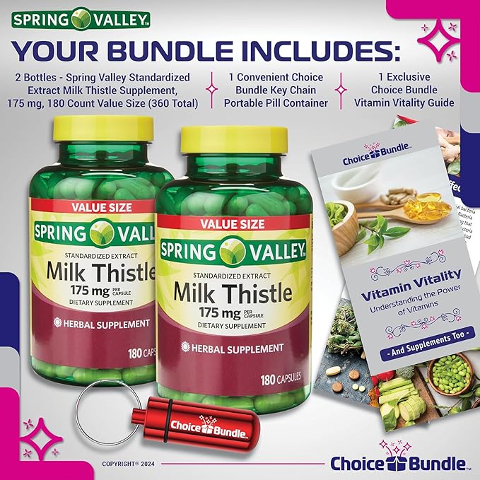 CHOICE BUNDLE Spring Valley Standardized Extract Milk Thistle Dietary Supplement Capsules 175 mg 180 Ct 2 pk (360 Total) + Vitamin Guide and Pill Container (4 Items)!