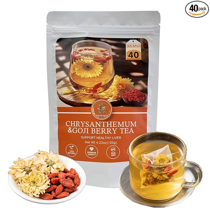 Harbique Organic Chrysanthemum Goji Berry Herbal Tea Caffeine-Free Herbal Tea for Calm &amp Relaxation Daily Wellness Support Non-GMO 40 Individually Wrapped Tea Bags