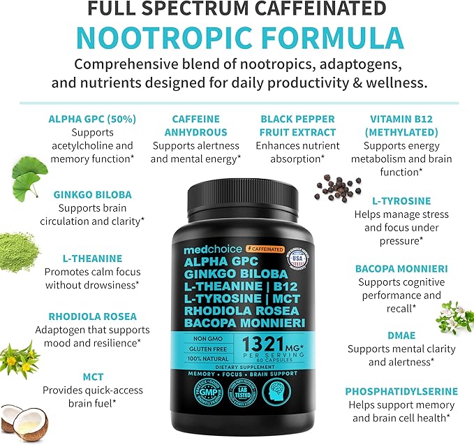 12-in-1 Nootropic Brain Supplement with Caffeine Anhydrous: Ginkgo Biloba for Brain Support Memory and Focus - B12 Alpha GPC L Theanine and Choline Supplements with Bioperine with 1321mg (60ct)
