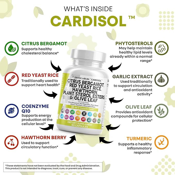 Clean Nutraceuticals Citrus Bergamot Red Yeast Rice Capsules with Plant Sterols - with Hawthorn Extract Olive Leaf Niacin Vitamin K3 D3 COQ10 Guggul &amp More (Pack of 2)