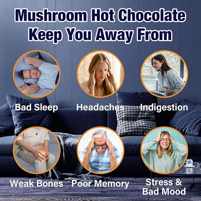 Mushroom Hot Cocoa with Magnesium Glycinate Reishi L-Theanine Ashwagandha Lemon Balm Lavender Cacao Powder Organic Hot Chocolate Supplement for Sleep Relaxation No Melatonin 2P