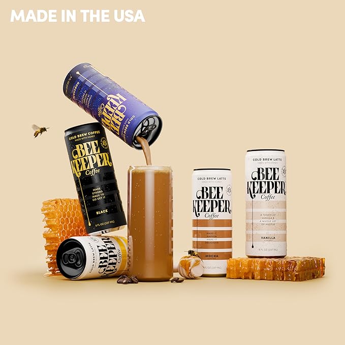 Beekeeper Caramel Cold Brew Coffee Drinks with Oregon Honey | 12 Pack Refreshing Iced Coffee - Unsweetened &amp Strong Arabica Brew 8 fl oz Ready-to-Drink Can - 180mg Natural Caffeine