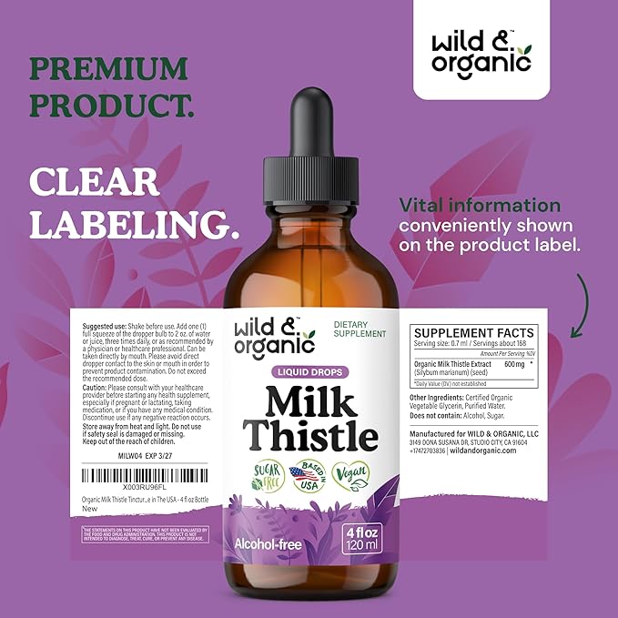Wild &amp Organic Milk Thistle Liquid Drops - Liver Cleanse Detox - Silymarin Milk Thistle Supplement for Liver Support - Silybum Marianum Seed Extract Tincture - Vegan Sugar &amp Alcohol-Free - 4