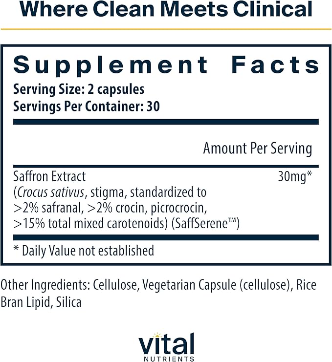 Vital Nutrients Saffron Extract - Saffron Supplement for Mood Calm Restful Sleep &amp Nervous System Support - Vegan Dairy Gluten Free - 60 Count
