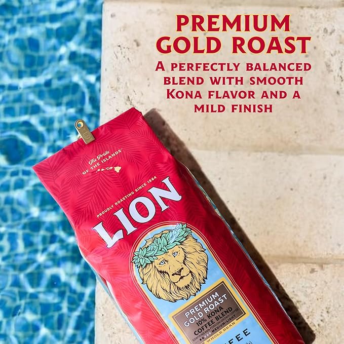 Lion Coffee 24K Gold Roast 100% Kona Whole Bean Coffee Medium-Light Roast A Taste of Aloha - 7 Ounce Bag