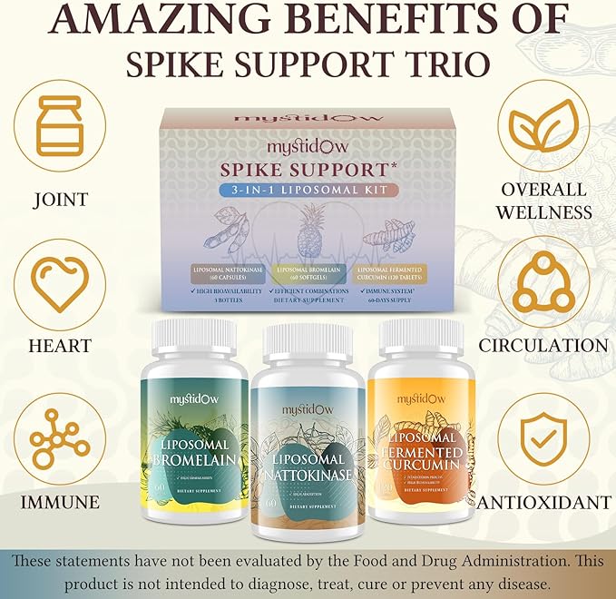 Spike Support Trio | Liposomal Nattokinase 8000 FU 500mg Bromelain 1150 mg &amp Fermented Curcumin 1800 mg | High Potency Enhanced Absorption Formula | for Immune Heart &amp Circulatory| 60 Servi