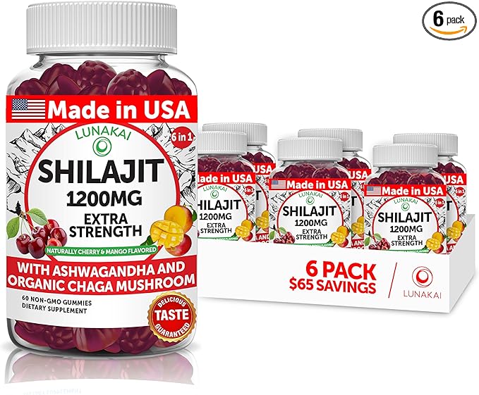 Lunakai USA Made 1200mg Pure Himalayan Shilajit Gummies for Men &amp Women with Ashwagandha &amp Chaga – Supplement for Daily Energy &amp Vitality Support - 6 Pack