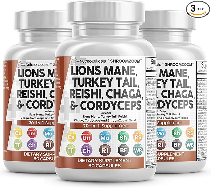 Clean Nutraceuticals Lions Mane 20in1 Mushroom Supplement with Turkey Tail Reishi Cordyceps Chaga Maitake Meshima Poria Cocos Shiitake Oyster Porcini Enoki - 3Pack