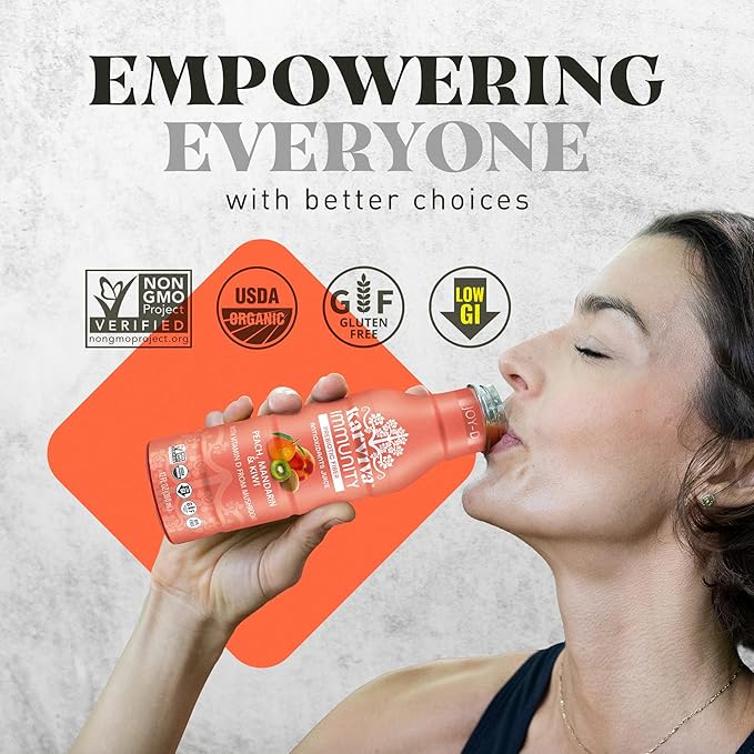 Organic Immunity Support Plant Based Juice 6 bottles 12 fl oz each Peach Mandarin and Kiwi Flavor Natural Electrolyte and High in Antioxidants Non GMO Low Glycemic Index