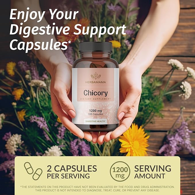 HERBAMAMA Chicory Root Fiber Capsules - 1200mg Chicory Root Powder for Gut Cleanse &amp Digestive Support - Vegan Non-GMO Inulin Prebiotic Fiber Supplement