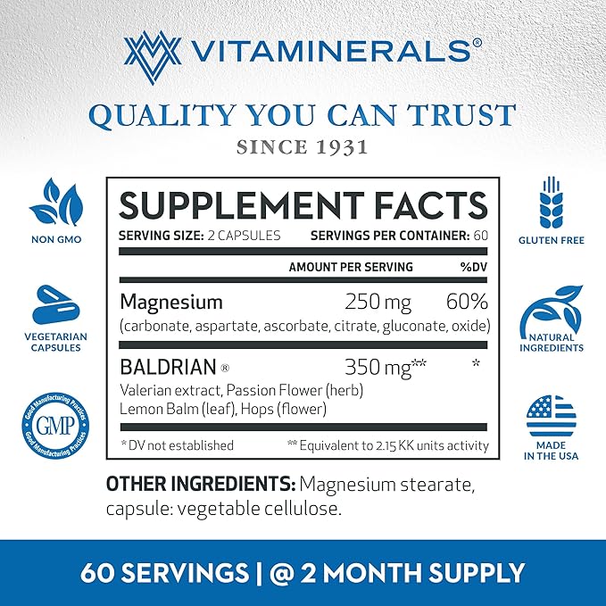 Vitaminerals 33+ Baldrian® Plus Natural Relaxing Support Standardized Valerian Extract (120)