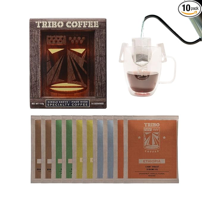 Tribo Coffee Single-Serve Portable Pour Over Drip Coffee - Variety - 10 Servings (Light Medium &amp Med-Dark Roasts)