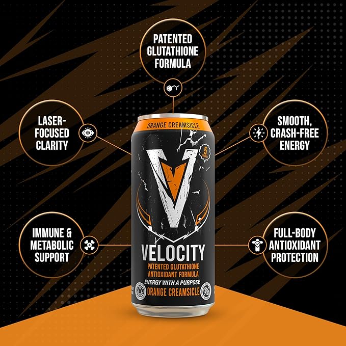Velocity Lemon Lime Sparkling Energy Drink with Patented Glutathione Antioxidant Formula Zero Sugar Keto 12 Pack (16 oz Cans)