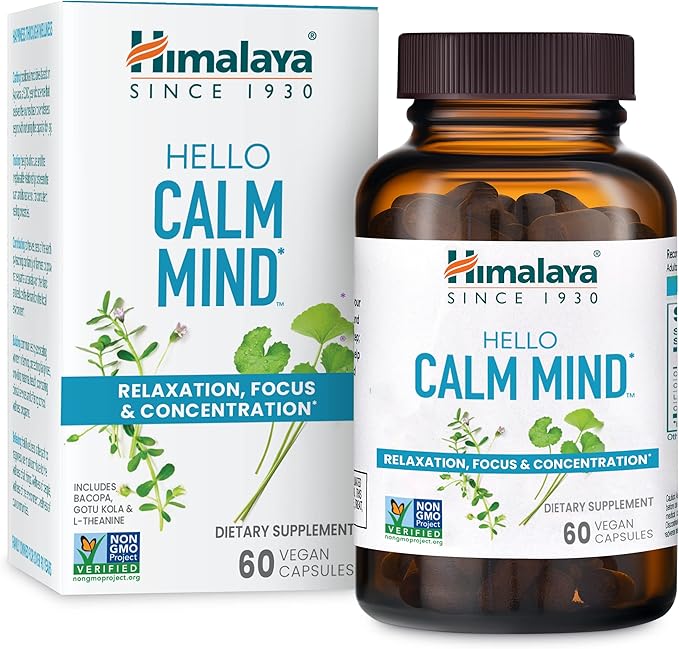 Himalaya Hello Calm Mind Herbal Supplement with Bacopa L-Theanine Gotu Kola Supports Concentration &amp Focus Cognitive Function Clear Thinking Relaxation Vegan Gluten Free 60 Capsules