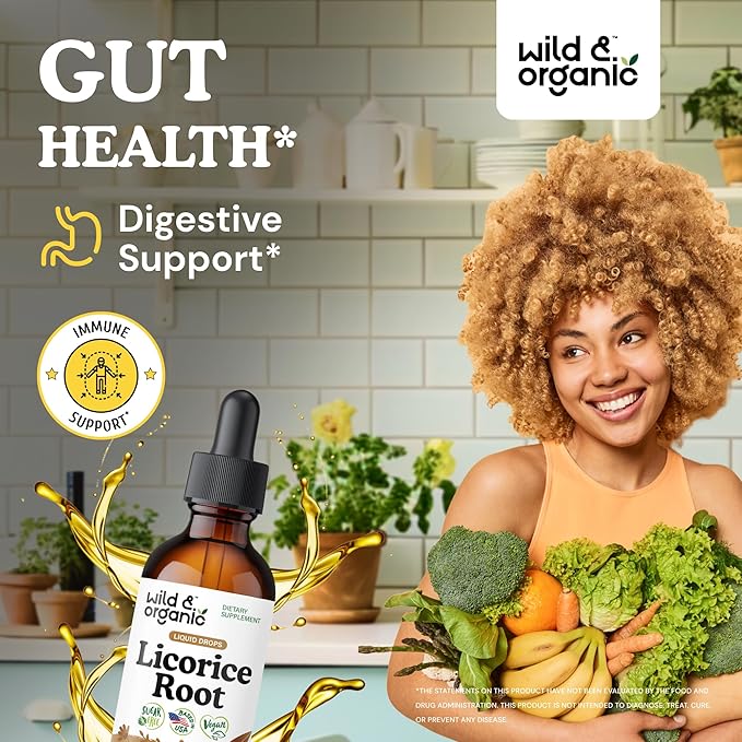 Wild &amp Organic Licorice Tincture - Digestive Support - Pure Licorice Root Extract Drops - Glycyrrhiza Glabra - Vegan Sugar &amp Alcohol-Free Supplement - 2 fl oz
