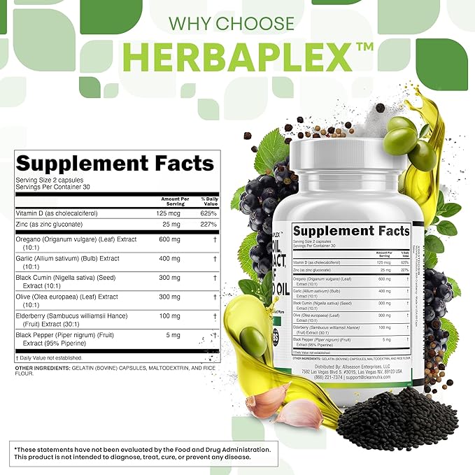 Clean Nutraceuticals Oregano Oil Garlic Extract Olive Leaf Black Seed Oil - Immune Support &amp Digestive Health Supplement for Women and Men with Vitamin D3 &amp Zinc - 2Pack