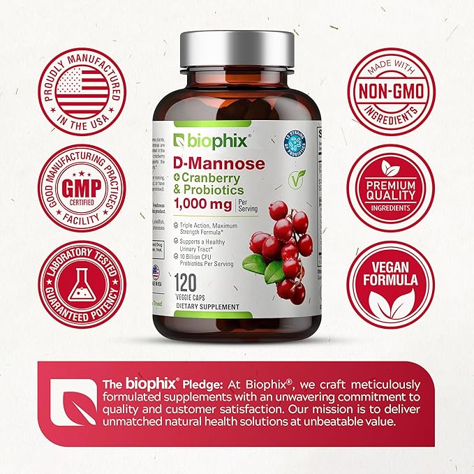 biophix D-Mannose 1000mg Capsules with Cranberry &amp Probiotics - D Mannose Supplements for Women - D-Mannose Pills for Urinary Tract &amp Bladder Health Support - Digestive Well-Being - 120 Vcaps