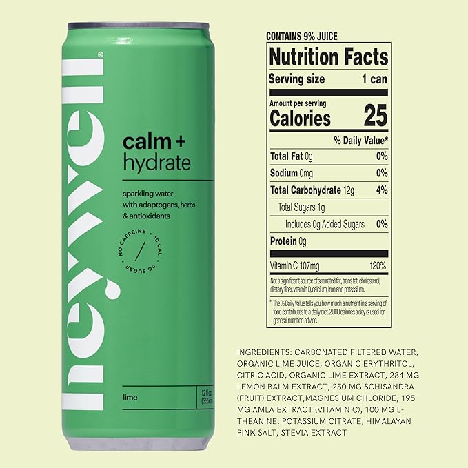 Heywell Sparkling Adaptogenic Water Calm and Restore Lime Flavor 12 Fluid Ounce (Pack of 12) - Non Caffeinated Organic Non GMO Vegan Gluten Free Dairy Free