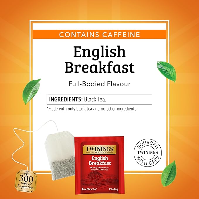 Twinings English Breakfast Black Tea Individually Wrapped Bags 25 Count (Pack of 6) Flavourful Robust Black Tea Caffeinated Enjoy Hot or Iced 150 Teabags