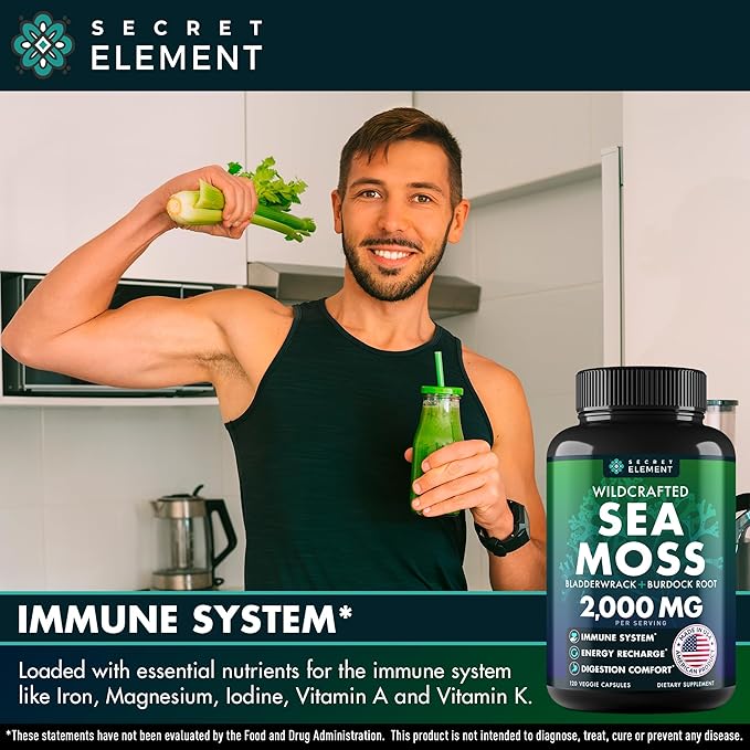 Secret Element Sea Moss Capsules with Burdock Root Bladderwrack &amp Muira Puama – Plant-Based Sea Moss Supplement with Raw Powder – 120 Capsules