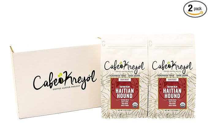 Cafe Kreyol Organic Haitian Hound | 12 oz - Haitian Blue Dark Roast Coffee - Whole Bean Coffee is Smooth Low Acid and Bold Deep Notes of Chocolate with a Sweet Finish (2 Pack)