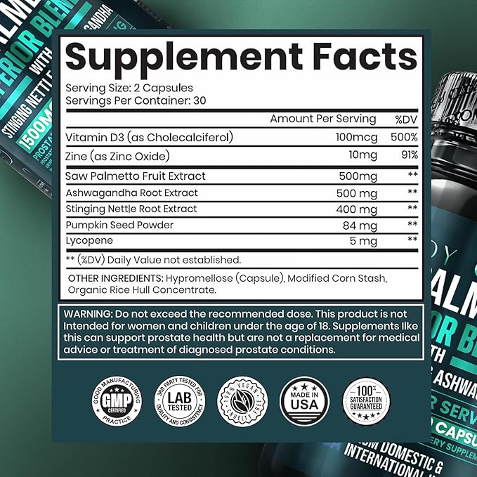 Saw Palmetto for Men - Prostate Health &amp Urinary Support - Stinging Nettle Ashwagandha Lycopene - Support Healthy Bladder Flow &amp Prostate Function - 60 Capsules