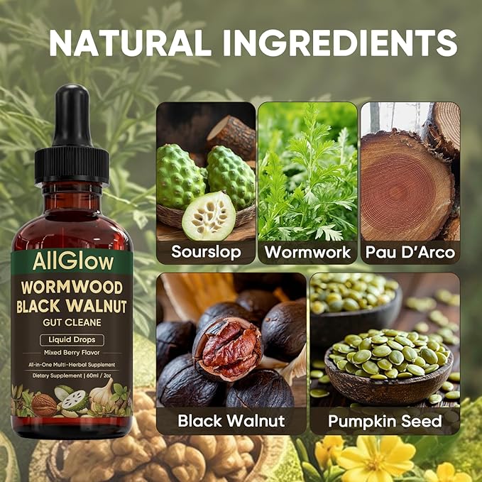 AllGlow Wormwood Black Walnut Gut Cleanse Black Walnut Wormwood Gut Cleanse with Soursop Pumpkin Seed PAU D'arco Gut Health &amp Absorption 60ml/2oz