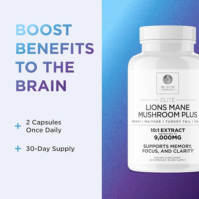 DR. EMIL NUTRITION 9000mg Organic Lions Mane Supplement Capsules with Chaga Reishi &amp Maitake - Natural Mushroom Blend for Wellness Support