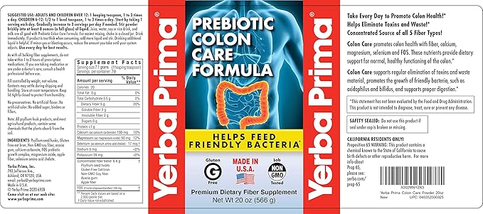 Yerba Prima Prebiotic Colon Care Formula 20 oz Powder (Pack of 2) with FOS - Natural Psyllium Fiber Magnesium Selenium - Non-GMO Gluten Free Vegan Daily Supplement - for Men &amp Women