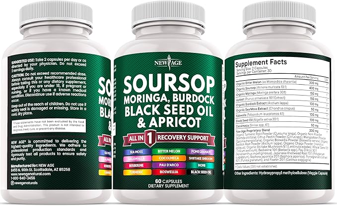 Soursop Supplement - Moringa Sea Moss Black Seed Oil Berberine Turmeric Apricot Quercetin Greens Bitters Boswellia Bitter Melon Burdock Root - 180 Capsules