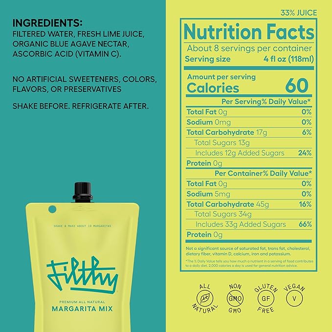 Filthy Margarita Mix Premium Cocktail Mixer All-Natural Non-GMO Vegan &amp Gluten-Free Made with 100% Fresh Florida Lime Juice and Organic Agave Nectar from Jalisco Mexico 32 Oz Pouch 2 Pack